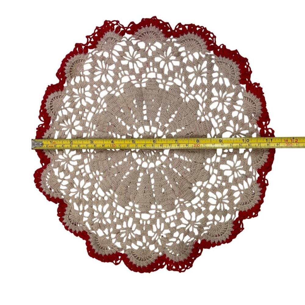 Handmade Crochet Doily Beige Center With Red Edging 11" Round Tabletop Decor - Picture 8 of 8